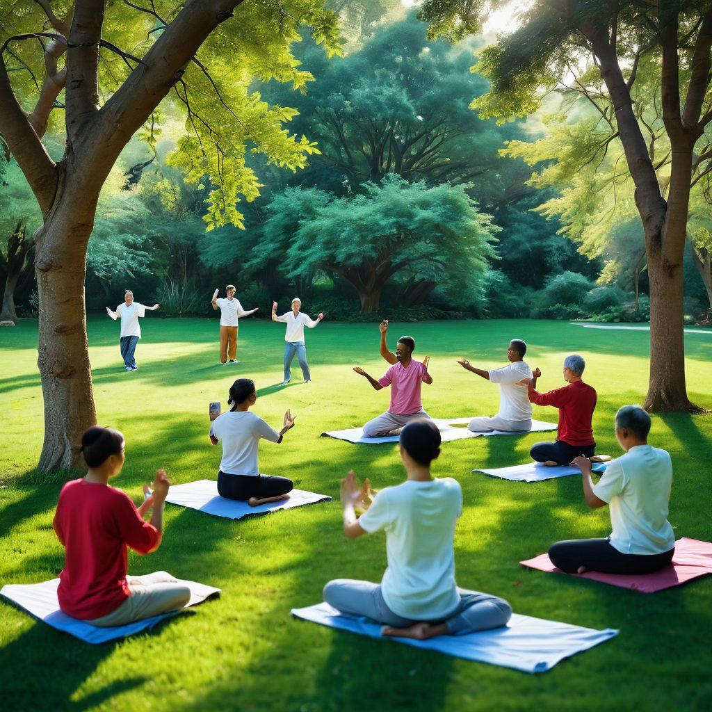 A serene scene depicting a diverse group of people practicing Tai Chi in a lush park setting, with digital devices like cameras and laptops subtly integrated into the scene. Colorful banners showcasing vlogs and online media tips flutter in the background, surrounded by nature and soft light illuminating their movements. Emphasize harmony between technology and traditional practice. vibrant colors. super-realistic.