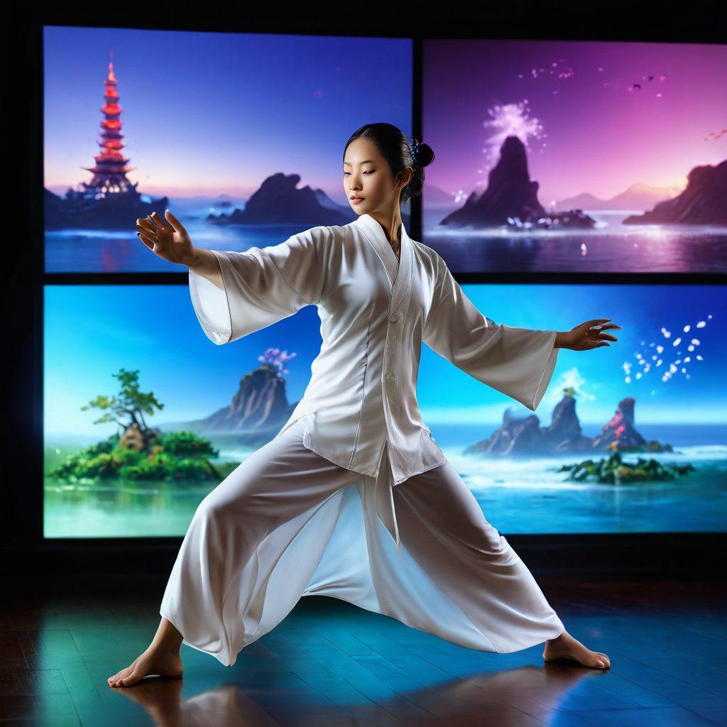 A serene image featuring a graceful Tai Chi practitioner in a flowing traditional outfit, performing a fluid movement amidst a backdrop of digital screens displaying various online entertainment icons like films, music, and gaming. Soft, ethereal light creates a calming atmosphere, highlighting the harmony between physical movement and the digital world. Include elements like gentle breezes or flowing water to symbolize transformation. super-realistic. vibrant colors. zen-inspired.
