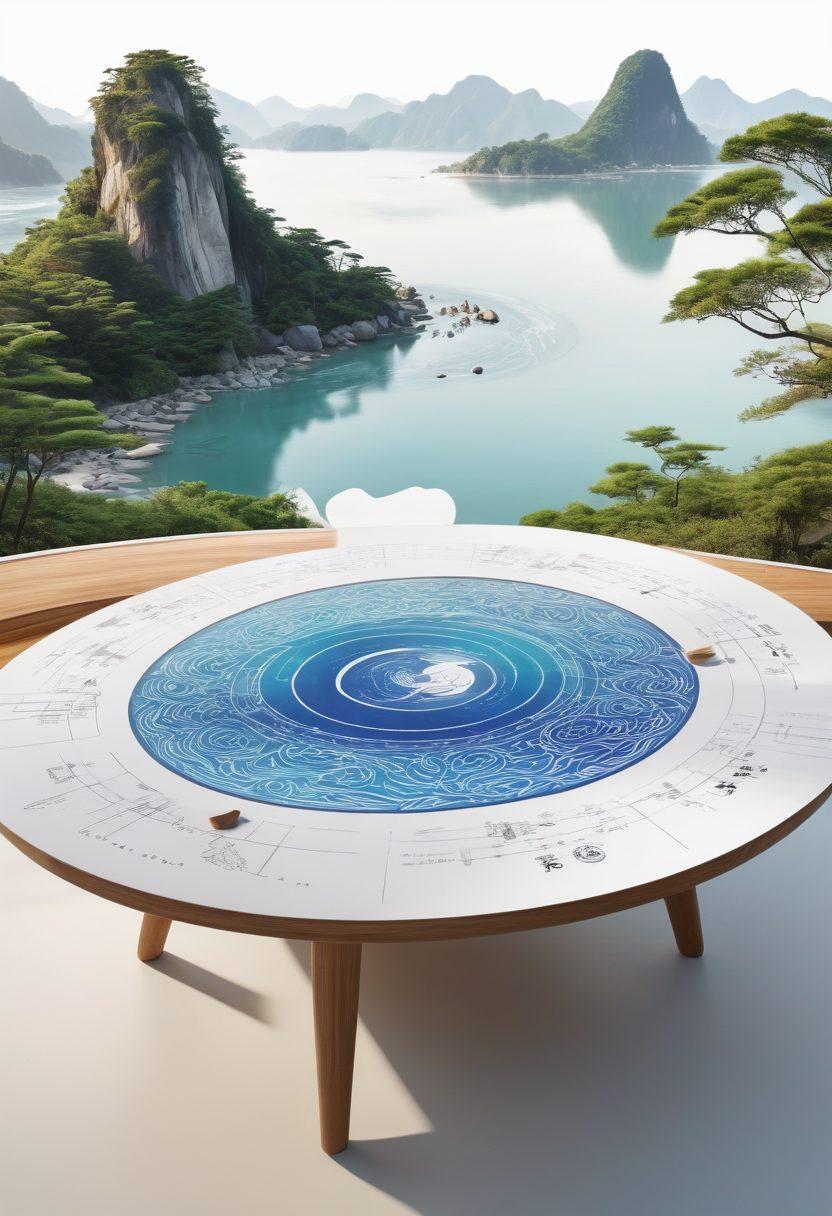 A dynamic scene depicting a digital design table with stylized interface elements inspired by Tai Chi movements, showcasing flowing patterns and serene colors. Integrate visuals of Taiwan's landscape in the background, hinting at cultural influences. Include a diverse group of creators collaborating, surrounded by innovative technology tools. The overall atmosphere should evoke harmony and creativity. super-realistic. vibrant colors. white background.